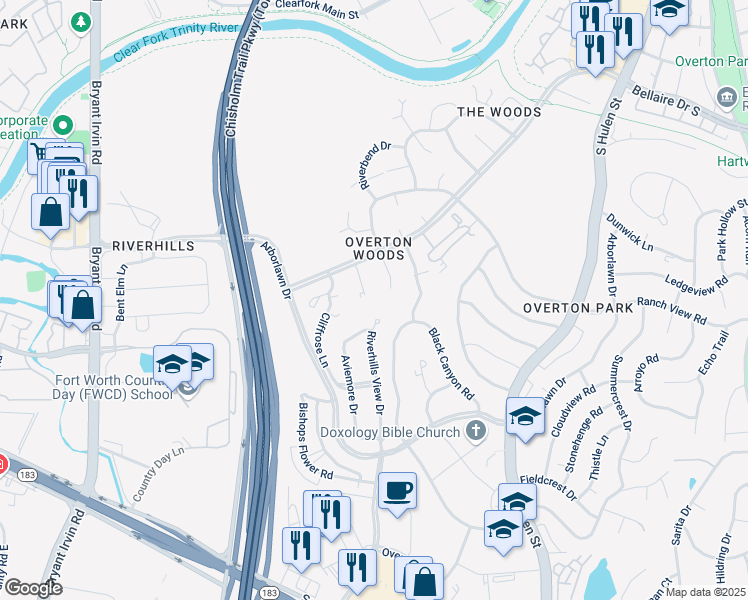 map of restaurants, bars, coffee shops, grocery stores, and more near 3516 Ranch View Terrace in Fort Worth