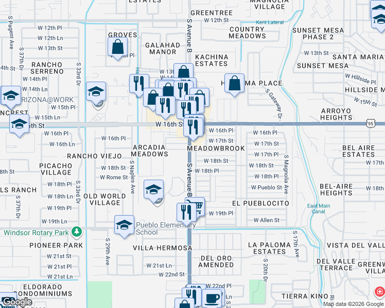 map of restaurants, bars, coffee shops, grocery stores, and more near 24 West 17th Place in Yuma