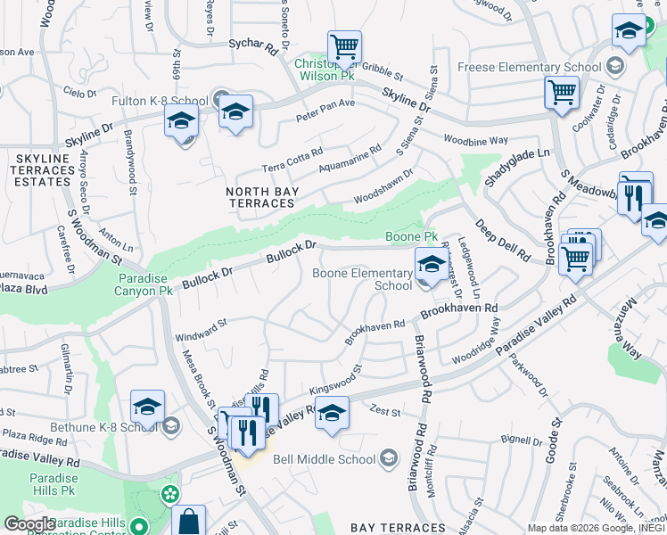 map of restaurants, bars, coffee shops, grocery stores, and more near 7161 Bullock Drive in San Diego