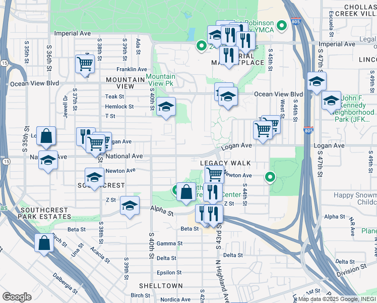 map of restaurants, bars, coffee shops, grocery stores, and more near 4166 National Avenue in San Diego