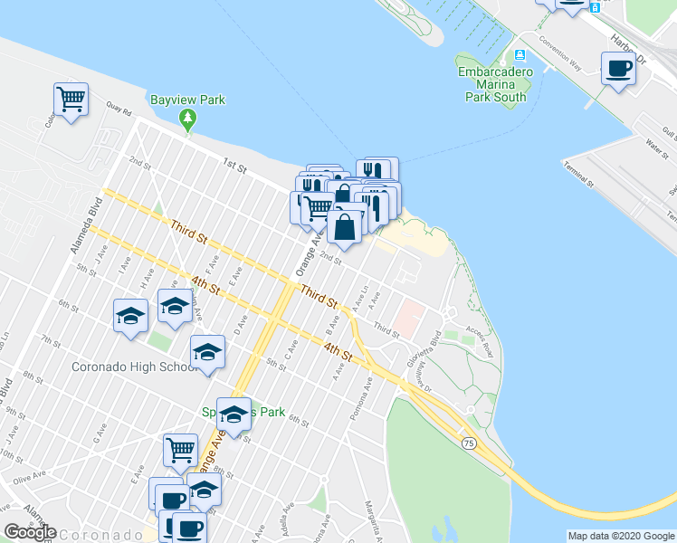 map of restaurants, bars, coffee shops, grocery stores, and more near 1116 2nd Street in Coronado