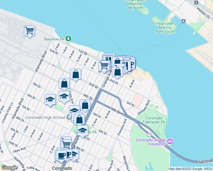 map of restaurants, bars, coffee shops, grocery stores, and more near 1116 2nd Street in Coronado