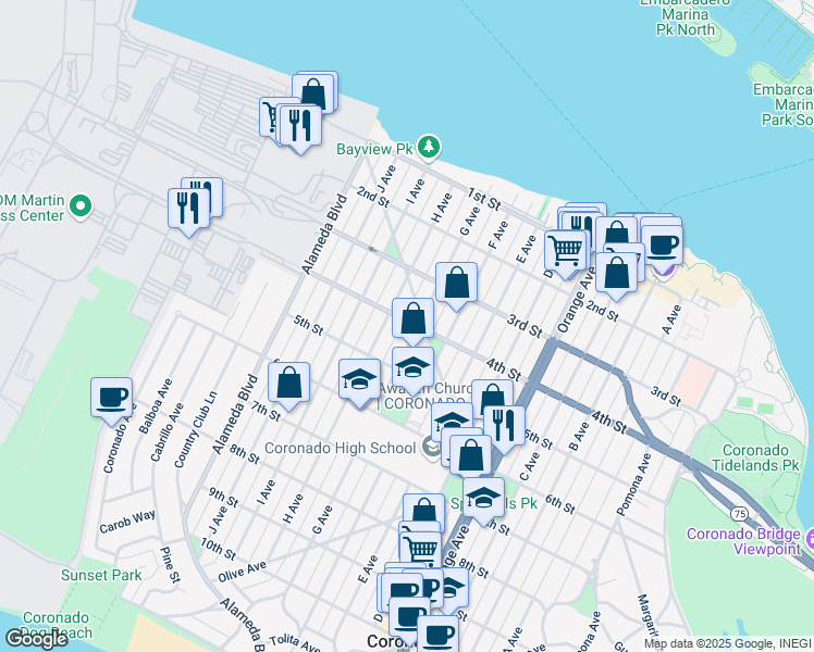 map of restaurants, bars, coffee shops, grocery stores, and more near 369 H Avenue in Coronado