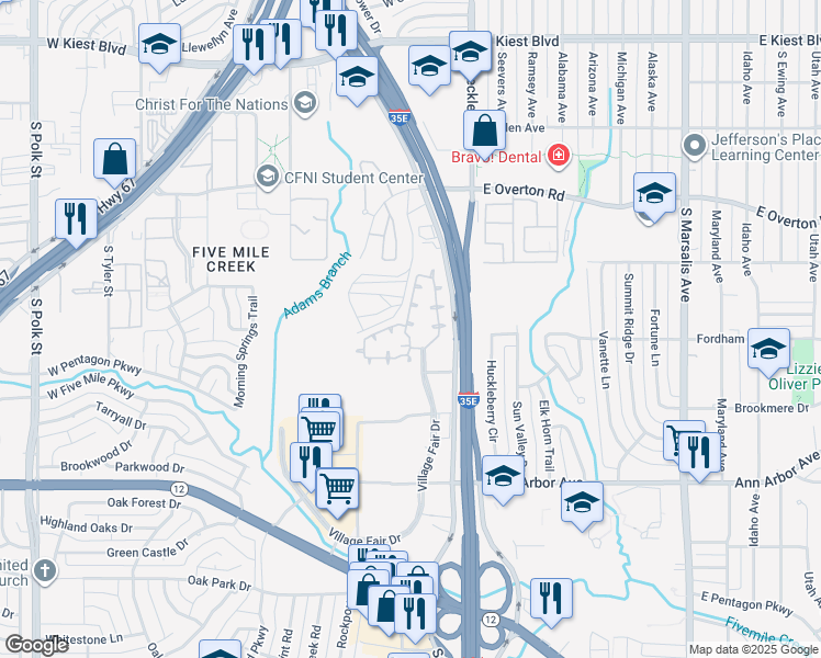 map of restaurants, bars, coffee shops, grocery stores, and more near 2600 South Sunset Avenue in Dallas