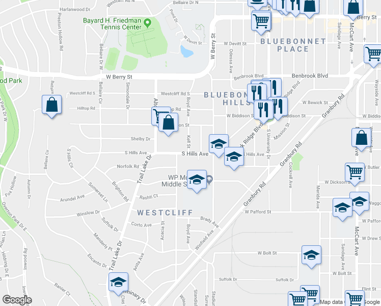 map of restaurants, bars, coffee shops, grocery stores, and more near 3608 Winston Road in Fort Worth