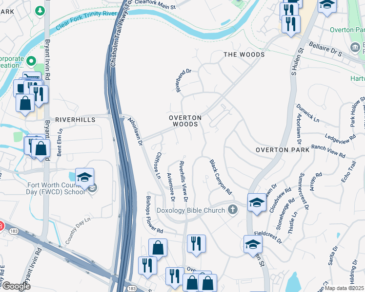 map of restaurants, bars, coffee shops, grocery stores, and more near 3516 Ranch View Terrace in Fort Worth
