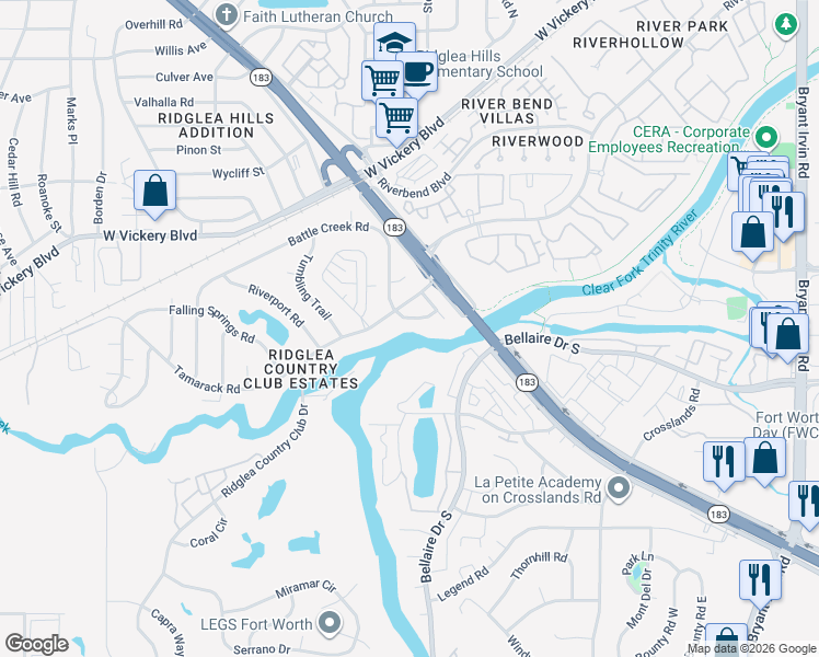 map of restaurants, bars, coffee shops, grocery stores, and more near 6800 Battle Creek Road in Fort Worth