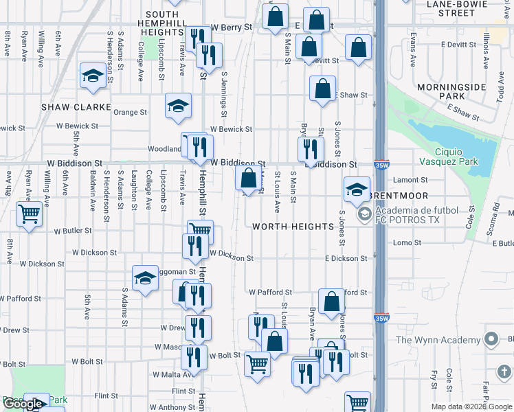 map of restaurants, bars, coffee shops, grocery stores, and more near 312 West Ripy Street in Fort Worth