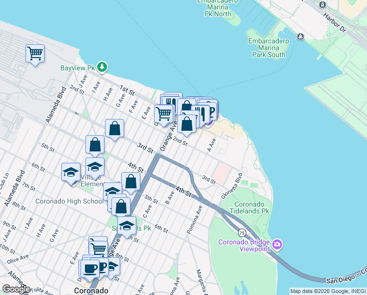 map of restaurants, bars, coffee shops, grocery stores, and more near 1116 2nd Street in Coronado