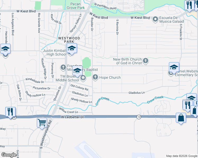 map of restaurants, bars, coffee shops, grocery stores, and more near 3805 Crepe Myrtle Circle in Dallas