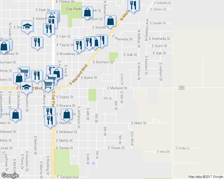 map of restaurants, bars, coffee shops, grocery stores, and more near 599 6th Street in Hobbs