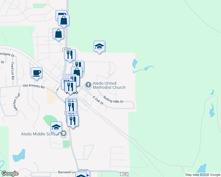 map of restaurants, bars, coffee shops, grocery stores, and more near 437 Hillside Drive in Aledo