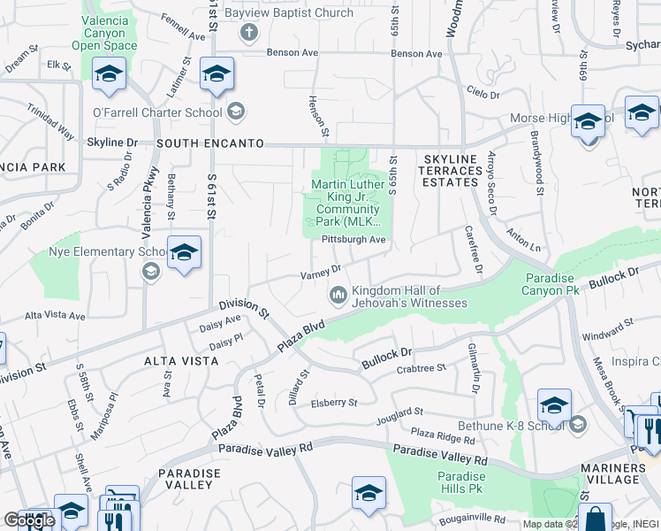 map of restaurants, bars, coffee shops, grocery stores, and more near 6358 Stamen Court in San Diego