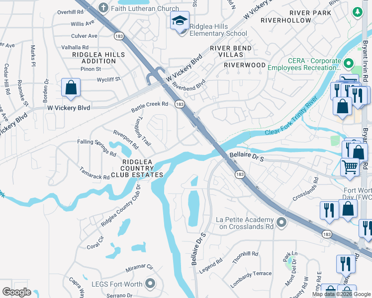 map of restaurants, bars, coffee shops, grocery stores, and more near 6800 Battle Creek Road in Fort Worth