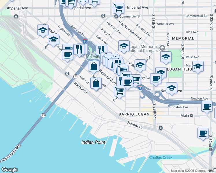 map of restaurants, bars, coffee shops, grocery stores, and more near 2180 Newton Avenue in San Diego