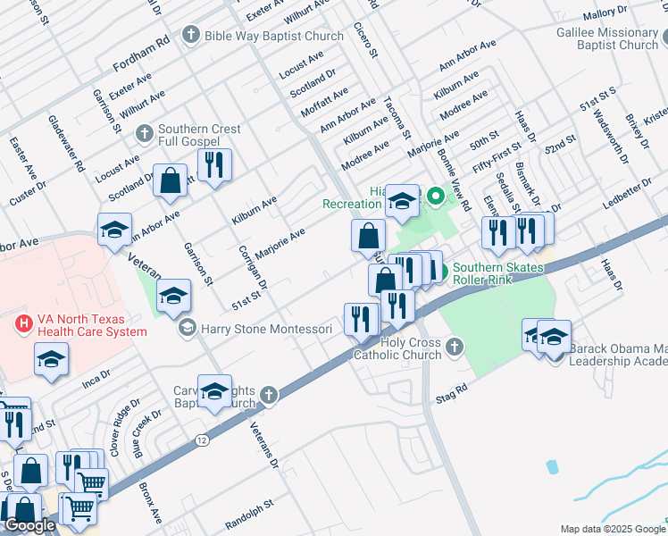 map of restaurants, bars, coffee shops, grocery stores, and more near 2741 52nd Street in Dallas