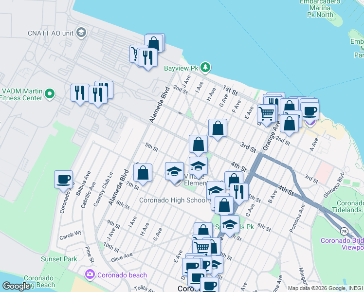 map of restaurants, bars, coffee shops, grocery stores, and more near 420 H Avenue in Coronado