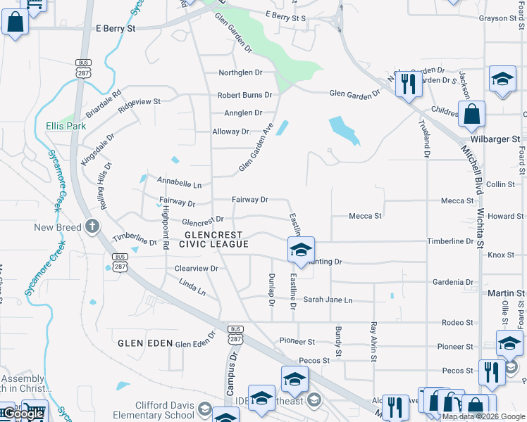 map of restaurants, bars, coffee shops, grocery stores, and more near 2520 Fairway Drive in Fort Worth