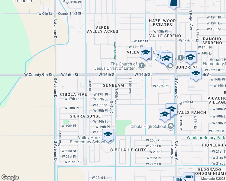 map of restaurants, bars, coffee shops, grocery stores, and more near 1745 S 45th Dr in Yuma