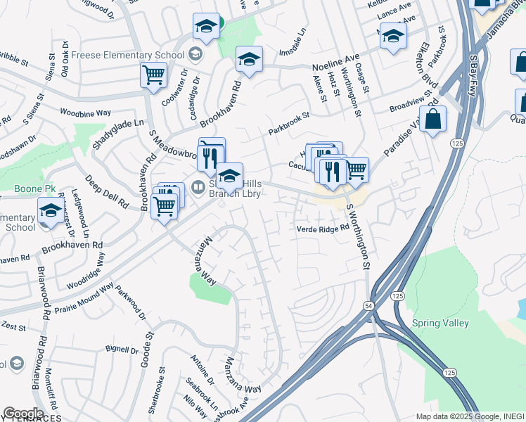 map of restaurants, bars, coffee shops, grocery stores, and more near 8218 Bluffview Court in Spring Valley