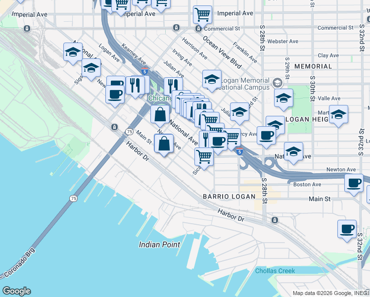 map of restaurants, bars, coffee shops, grocery stores, and more near 2180 Newton Avenue in San Diego