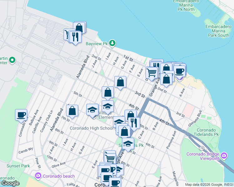 map of restaurants, bars, coffee shops, grocery stores, and more near 333 G Avenue in Coronado