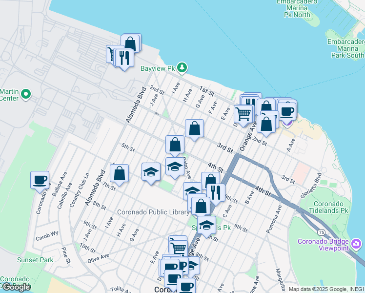 map of restaurants, bars, coffee shops, grocery stores, and more near 333 G Avenue in Coronado