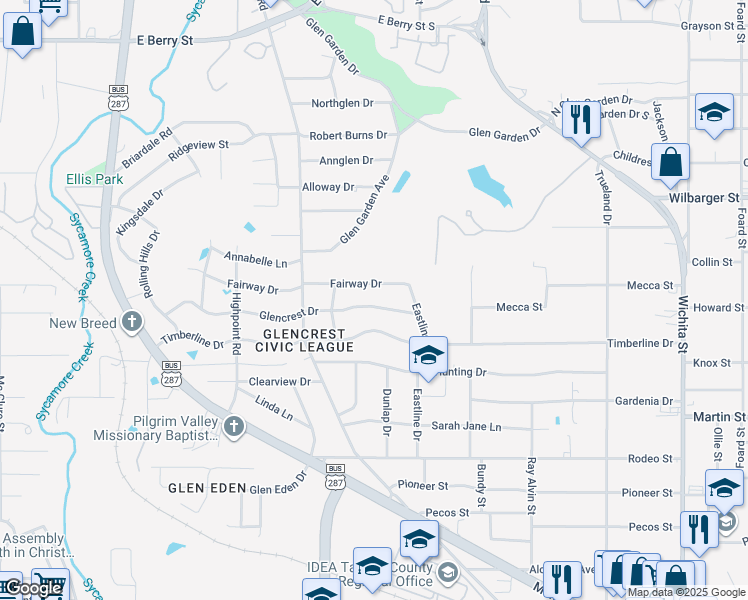 map of restaurants, bars, coffee shops, grocery stores, and more near 2520 Fairway Drive in Fort Worth