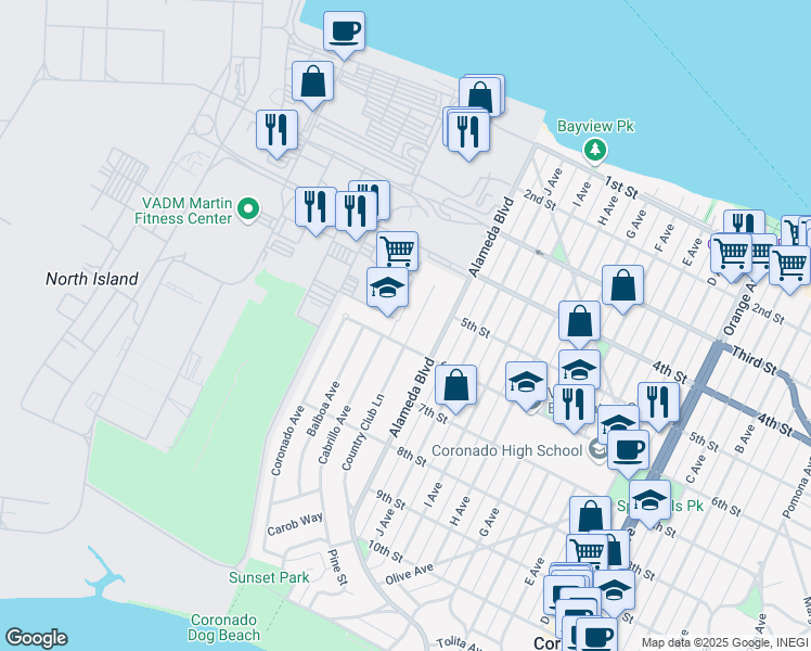map of restaurants, bars, coffee shops, grocery stores, and more near 540 Country Club Lane in Coronado