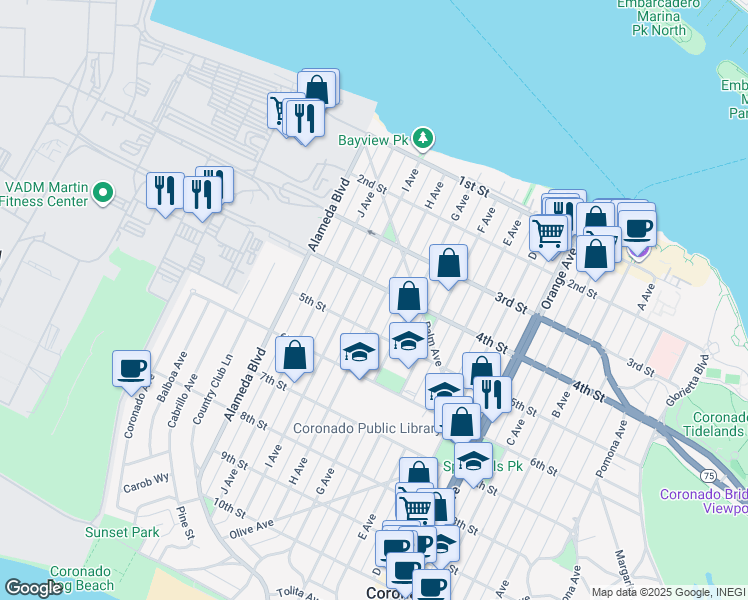 map of restaurants, bars, coffee shops, grocery stores, and more near 420 H Avenue in Coronado