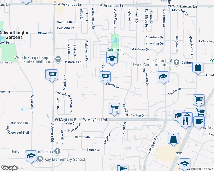 map of restaurants, bars, coffee shops, grocery stores, and more near 2019 Paisley Drive in Arlington