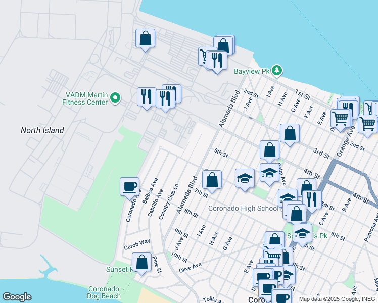 map of restaurants, bars, coffee shops, grocery stores, and more near 540 Country Club Lane in Coronado