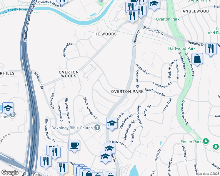 map of restaurants, bars, coffee shops, grocery stores, and more near 4625 Ranch View Road in Fort Worth