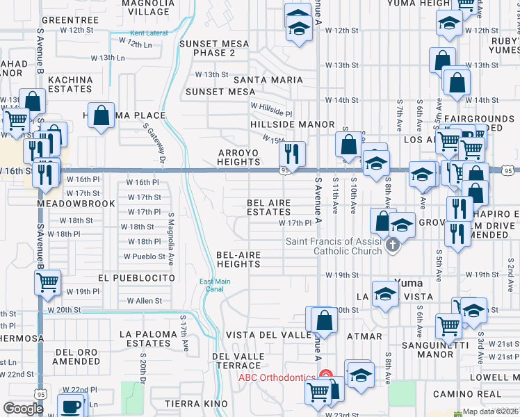 map of restaurants, bars, coffee shops, grocery stores, and more near 1353 West 17th Street in Yuma