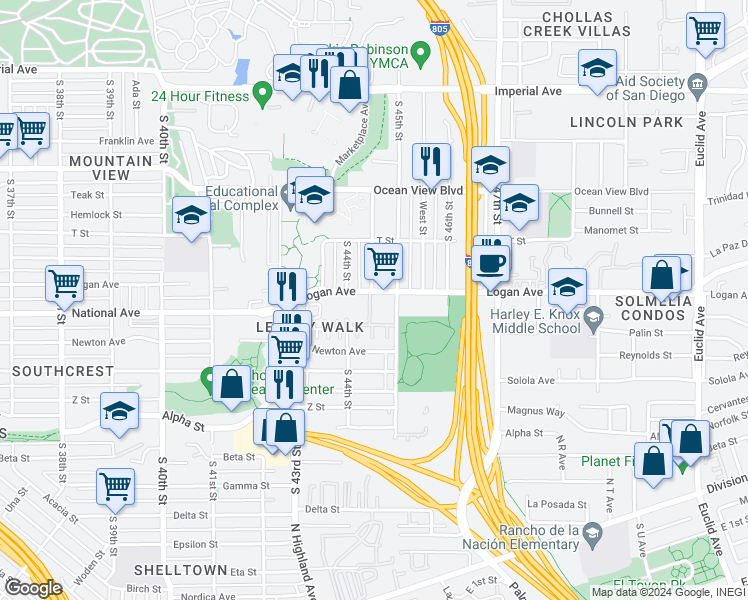 map of restaurants, bars, coffee shops, grocery stores, and more near 4439 Logan Avenue in San Diego