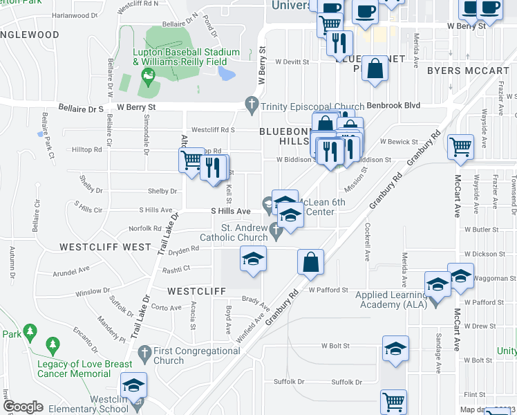 map of restaurants, bars, coffee shops, grocery stores, and more near 3624 Stadium Drive in Fort Worth