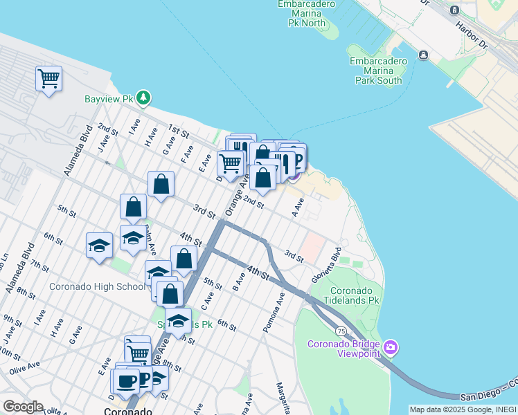 map of restaurants, bars, coffee shops, grocery stores, and more near 201 C Avenue in Coronado