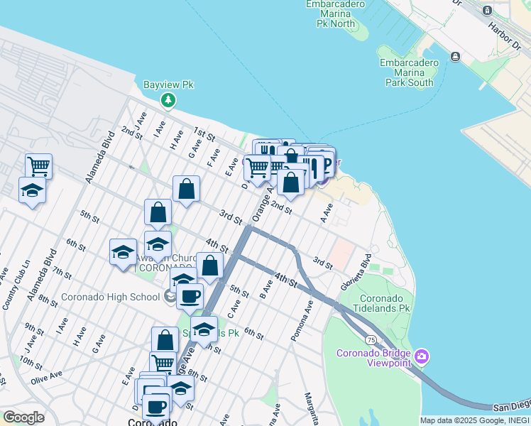 map of restaurants, bars, coffee shops, grocery stores, and more near in Coronado
