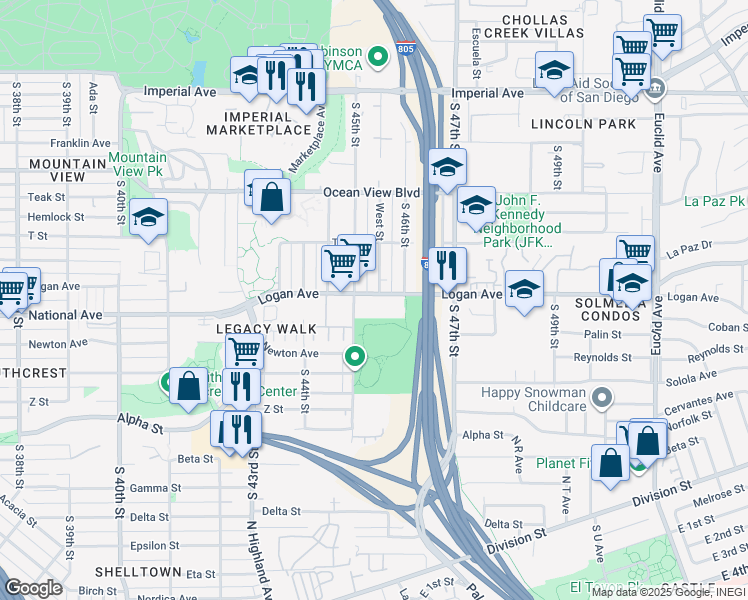 map of restaurants, bars, coffee shops, grocery stores, and more near in San Diego