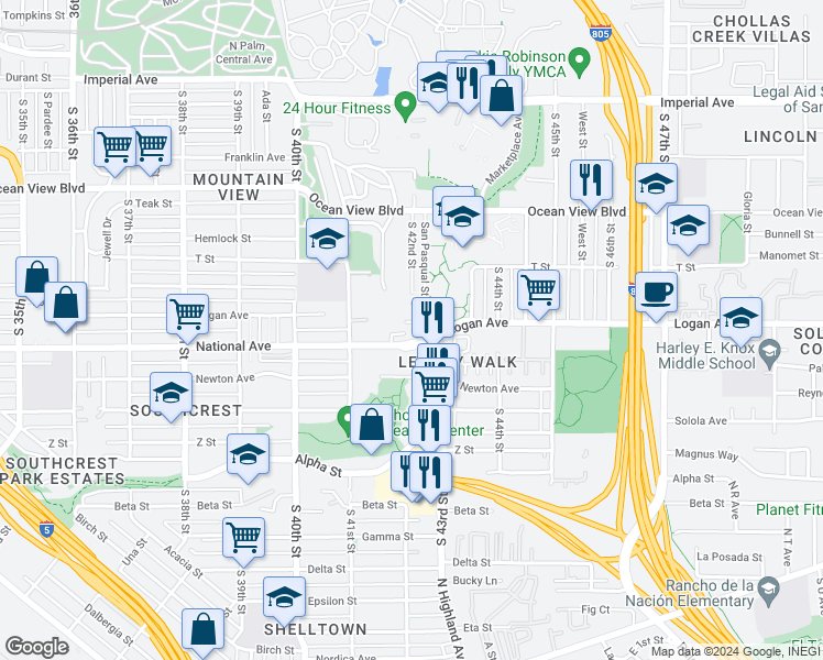 map of restaurants, bars, coffee shops, grocery stores, and more near 842 San Pasqual Street in San Diego