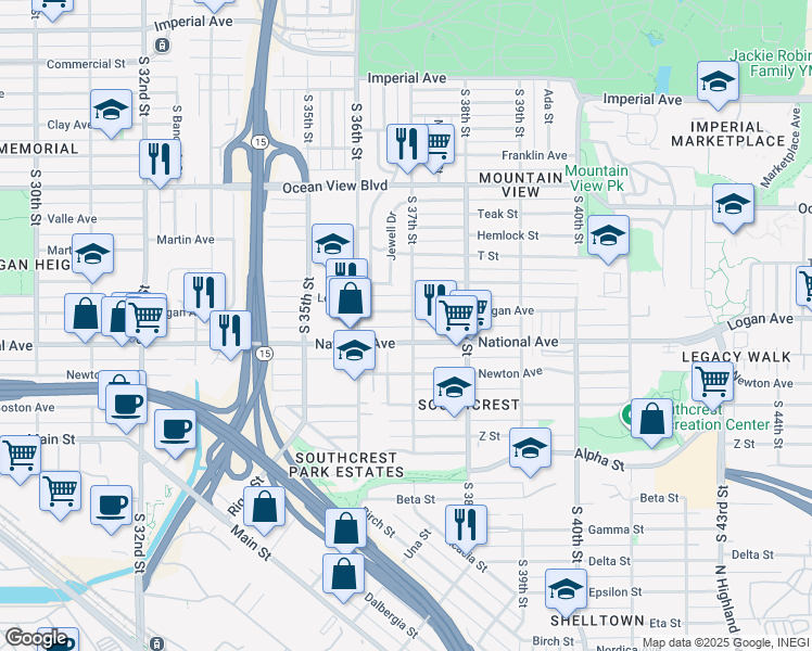 map of restaurants, bars, coffee shops, grocery stores, and more near 3661 Logan Avenue in San Diego