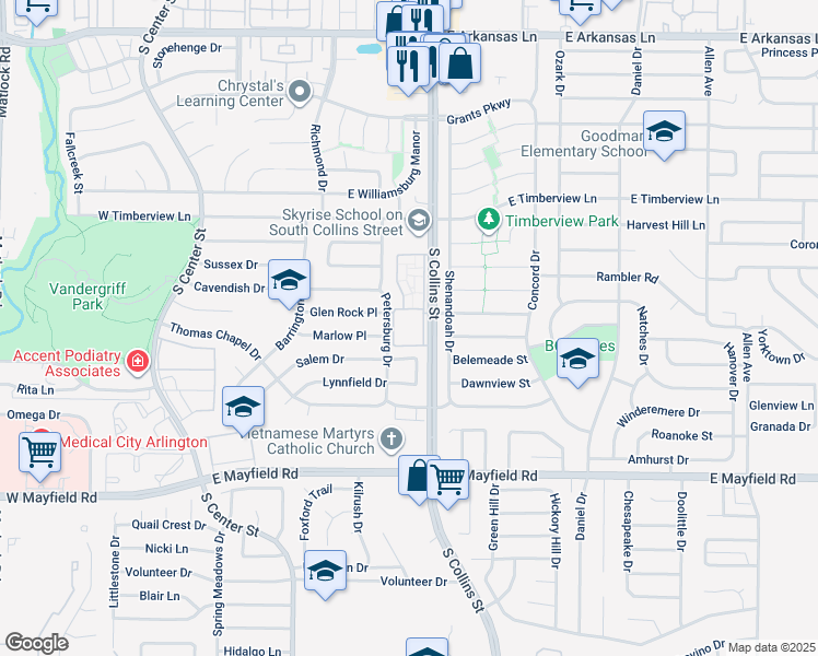 map of restaurants, bars, coffee shops, grocery stores, and more near 2812 South Collins Street in Arlington