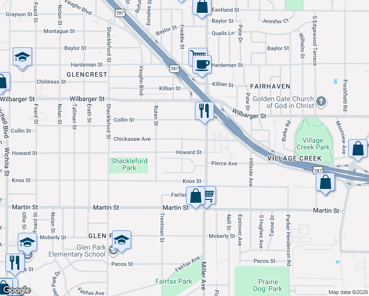 map of restaurants, bars, coffee shops, grocery stores, and more near 4100 Chickasaw Avenue in Fort Worth