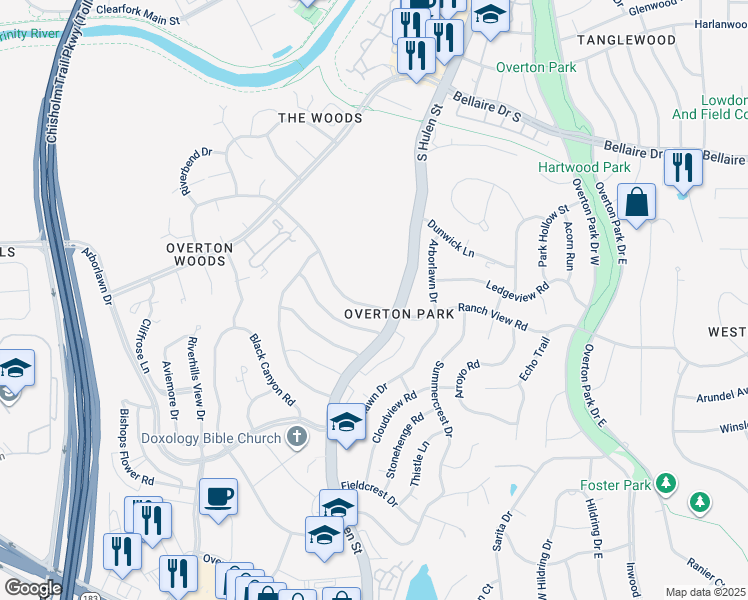 map of restaurants, bars, coffee shops, grocery stores, and more near 4608 Ranch View Road in Fort Worth