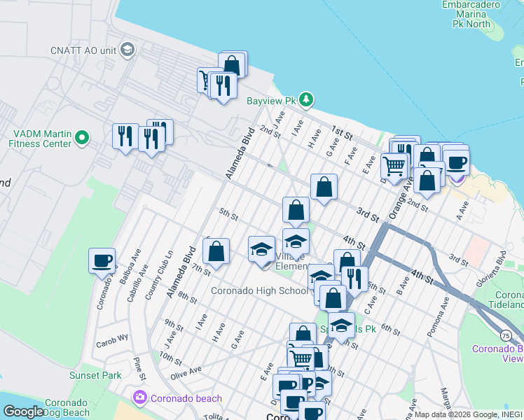 map of restaurants, bars, coffee shops, grocery stores, and more near 411 I Avenue in Coronado