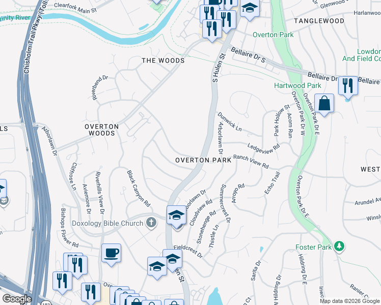 map of restaurants, bars, coffee shops, grocery stores, and more near 4608 Ranch View Road in Fort Worth