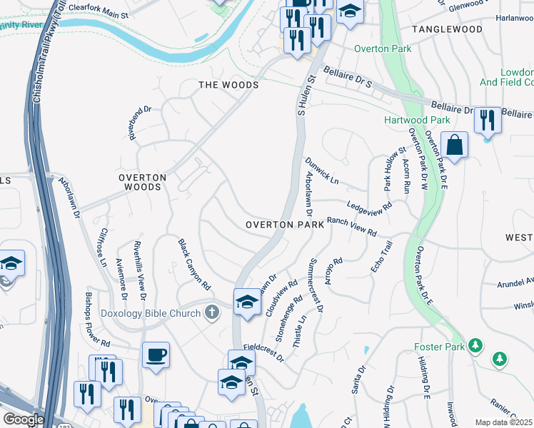 map of restaurants, bars, coffee shops, grocery stores, and more near 4608 Ranch View Road in Fort Worth
