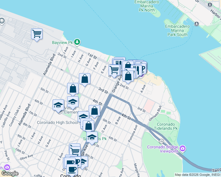 map of restaurants, bars, coffee shops, grocery stores, and more near 220 Orange Avenue in Coronado