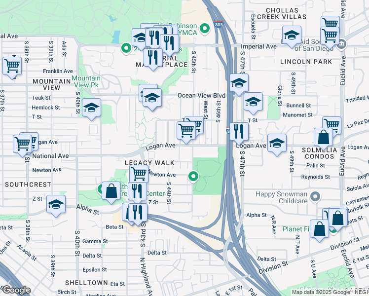 map of restaurants, bars, coffee shops, grocery stores, and more near 4451 Logan Avenue in San Diego
