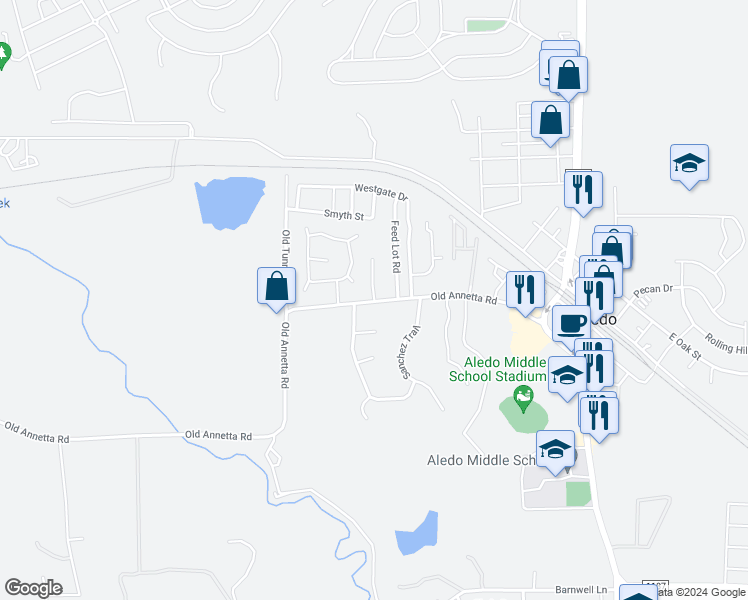 map of restaurants, bars, coffee shops, grocery stores, and more near 102 Langham Drive in Aledo